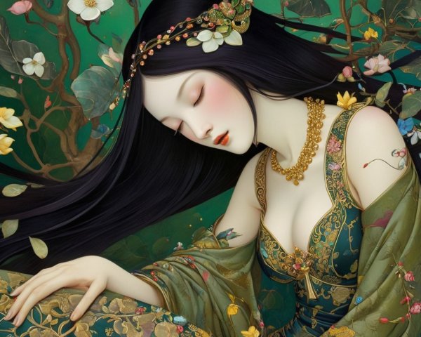 Serene Woman in Floral Gown Surrounded by Nature