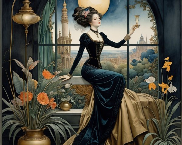 Elegant Woman by Window with Moonlit Landscape