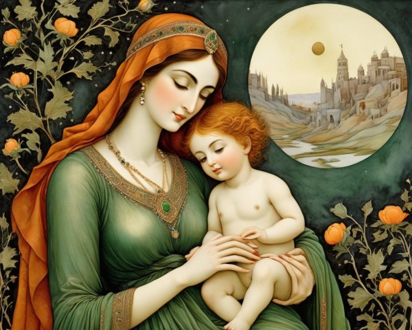 Serene Woman in Green with Child and Fantasy Castle