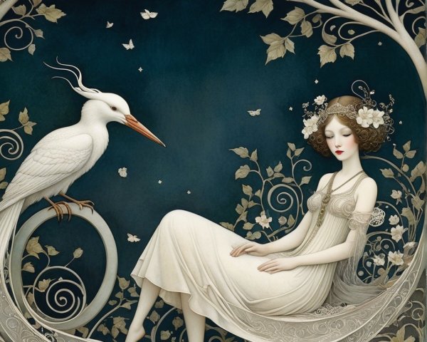Ethereal Scene of Woman in White Gown with Bird