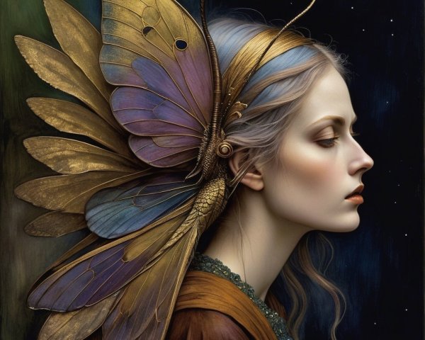 Profile of a Woman with Butterfly Headdress in Purple