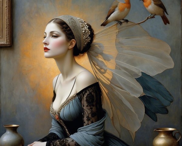 Renaissance Portrait of Woman with Wings and Robins
