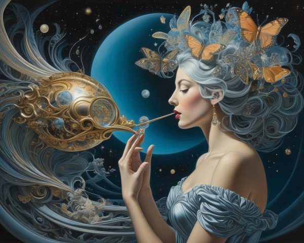 Serene Woman with Silver Hair and Cosmic Background