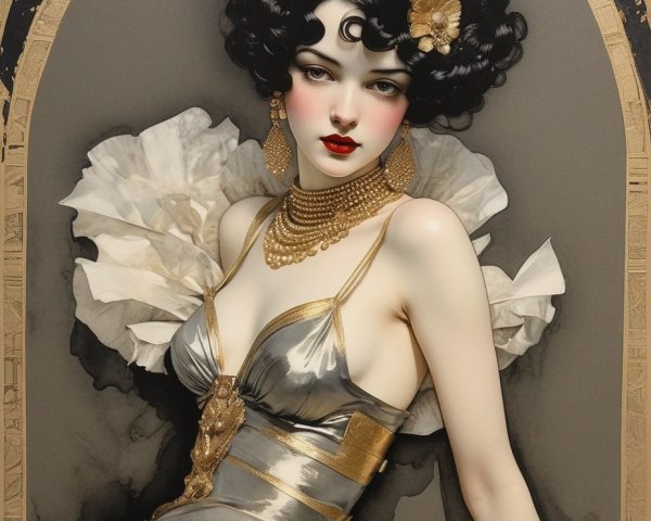 Illustration of a woman in gold dress with ruffles