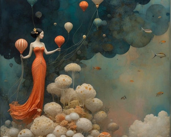 Whimsical Scene of Woman in Orange Gown with Balloons