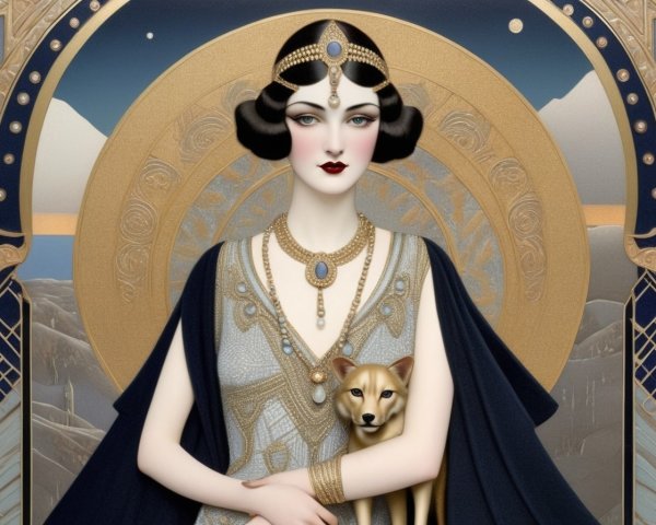 Art Deco Illustration of Woman with Dog and Architecture