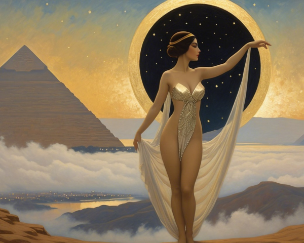 Figure in Gown Against Egyptian Pyramids at Sunset