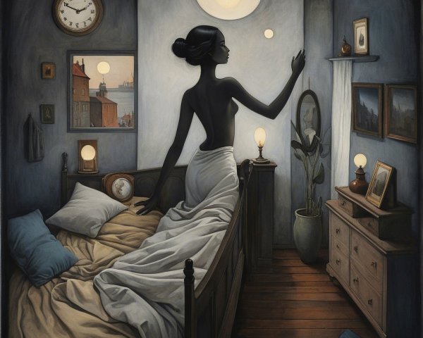 Silhouette of a Woman in a Dimly Lit Bedroom