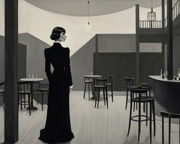 Elegant Woman in Black Dress in Minimalist Bar Setting