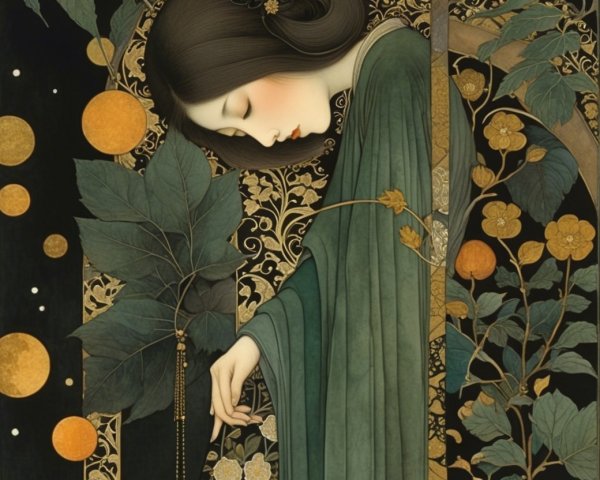 Ethereal Woman in Green Robes Surrounded by Nature