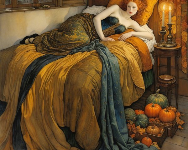 Serene Woman on Ornate Bed with Autumn Decor