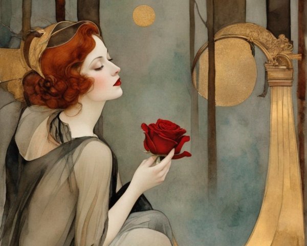 Stylized Illustration of Woman with Red Hair and Harp