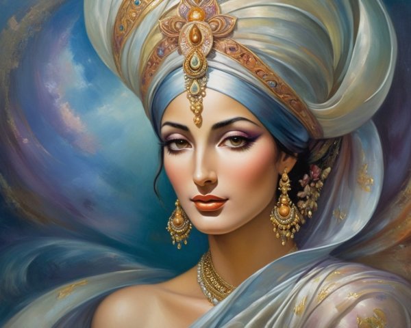 Painting of a woman in ornate turban and blue fabrics