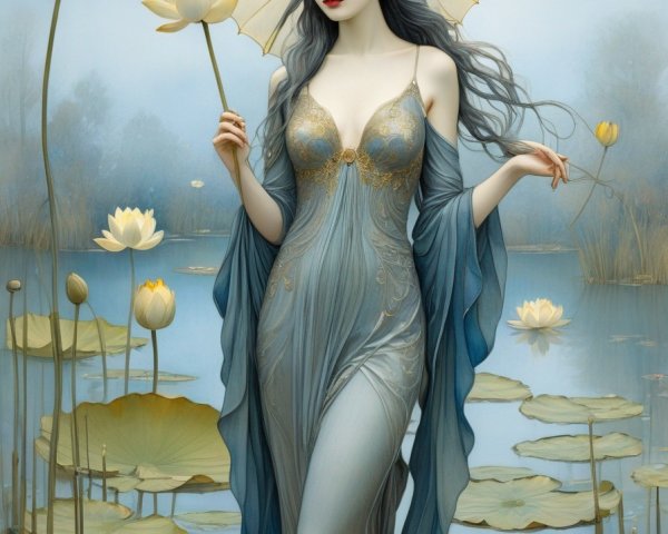 Ethereal woman with parasol in blue dress among lotus flowers