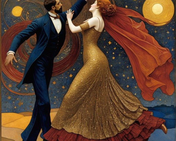 Cosmic-themed illustration of couple dancing in blue and gold attire