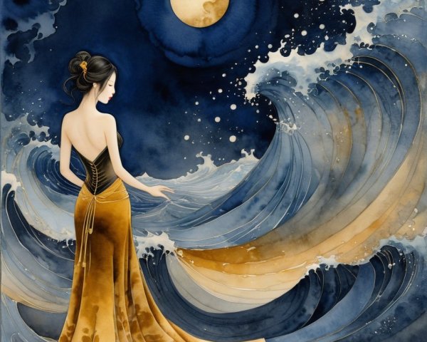 Serene Woman by Tumultuous Sea at Night