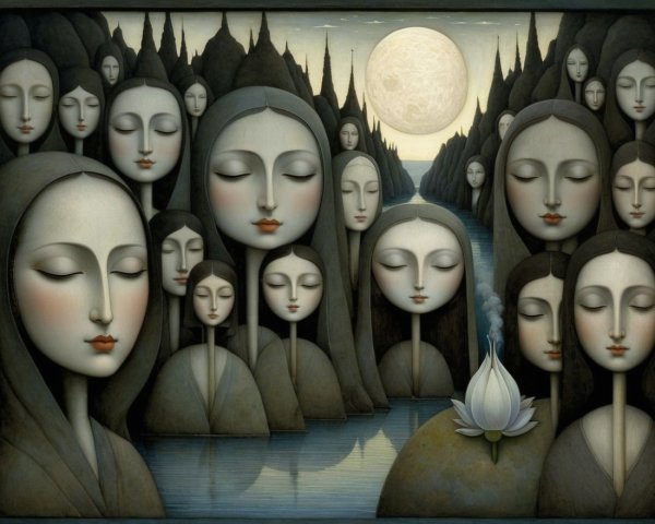 Surreal Landscape with Ethereal Women's Faces and Lotus