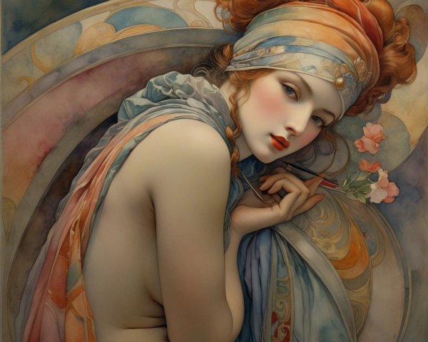 Elegant Woman in Intricate Attire with Flowing Hair