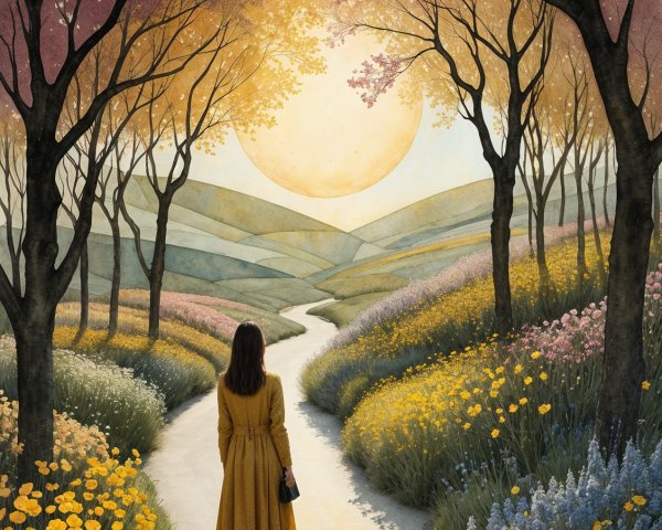 Woman in Yellow Coat on a Flowered Winding Path