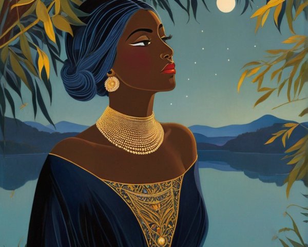 Graceful Woman in Jewelry Surrounded by Lush Foliage