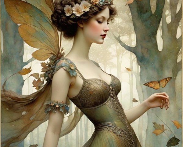 Fairy with Translucent Wings in Enchanted Forest