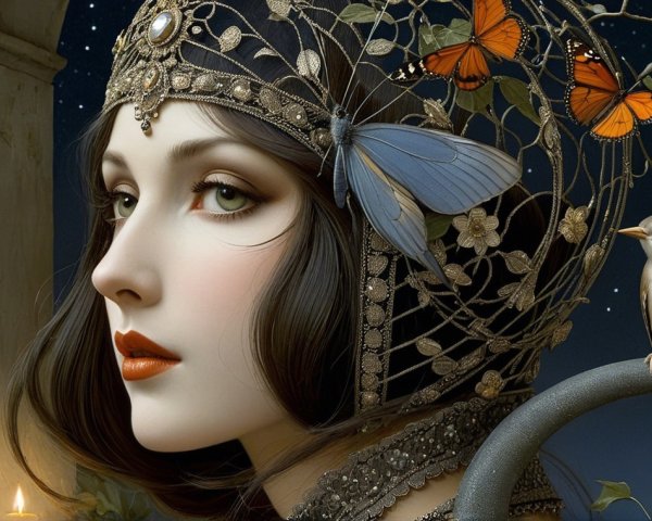 Woman with Floral Headdress Under Starlit Sky
