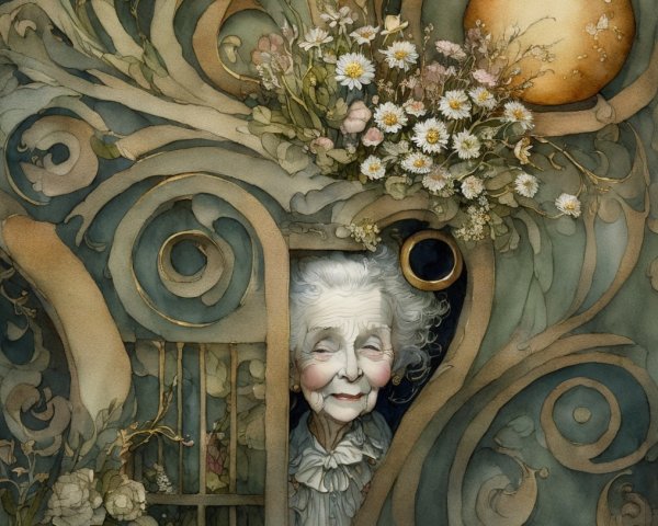 Elderly Woman at Whimsical Ornate Doorway Scene