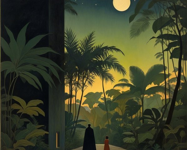 Cloaked Figure and Child Under Luminous Full Moon