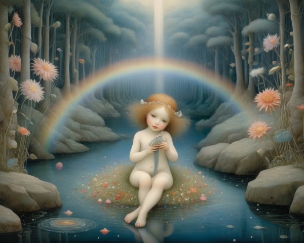 Child-like figure with halo in serene fantasy landscape.