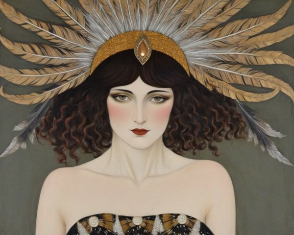 Painting of a woman with dark curly hair and headdress