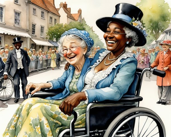 Joyful Village Scene with Two Women in Wheelchair