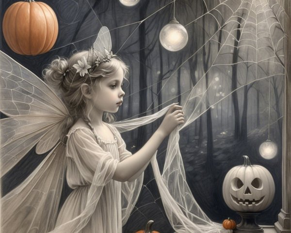 Whimsical Fairy Scene with Pumpkins and Spiderwebs