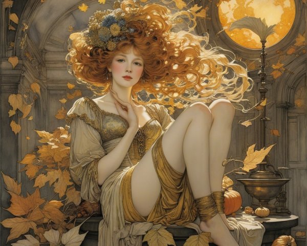 Elegant figure in golden gown among autumn leaves