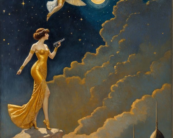 Glamorous Woman in Golden Gown with Angel and City Skyline