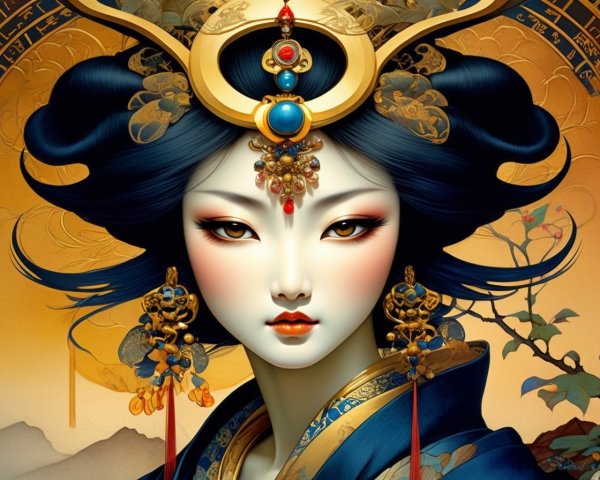 Illustrated Portrait of Woman in Elaborate Headgear