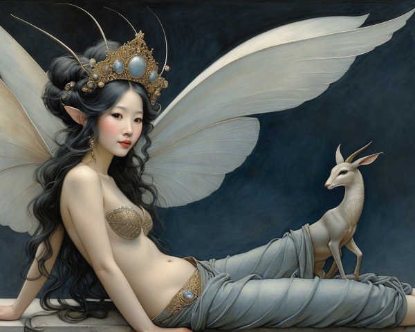 Serene figure with butterfly wings and a deer companion