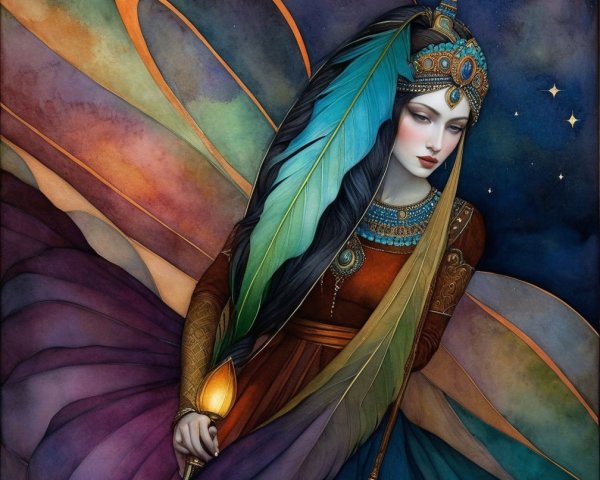 Mystical figure with black hair in a starry night sky
