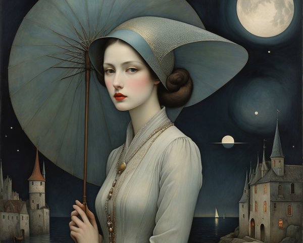 Medieval Fantasy Art Featuring Pale Woman with Umbrella