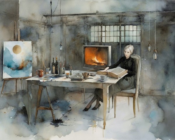 Cozy Artist's Workspace with Book and Paint Supplies