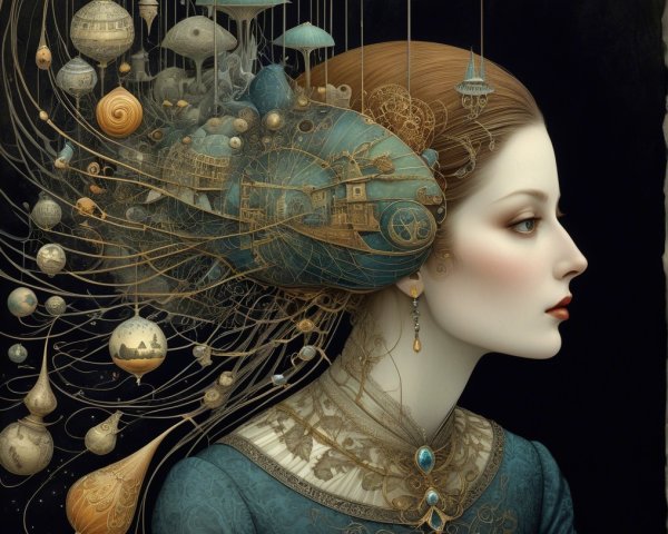 Profile of a Woman in a Blue Gown with Surreal Hair