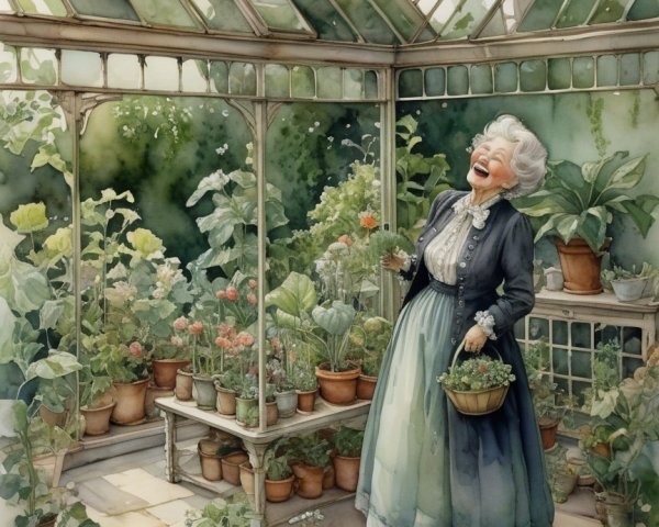 Elderly Woman Tending Plants in Sunlit Greenhouse
