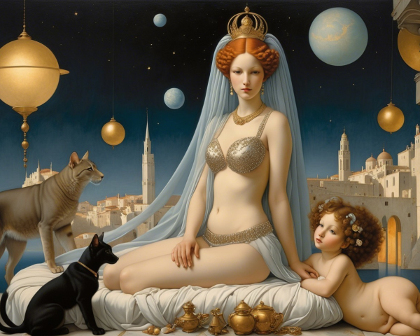 Surreal Painting of a Redhead Woman in Gold Bikini