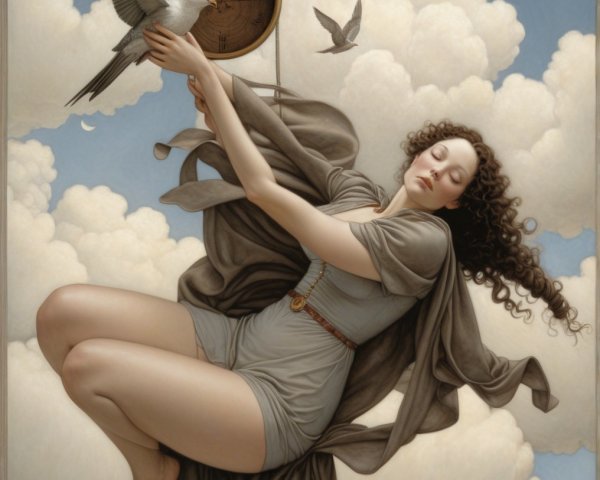 Serene figure with compass amidst soft clouds and bird