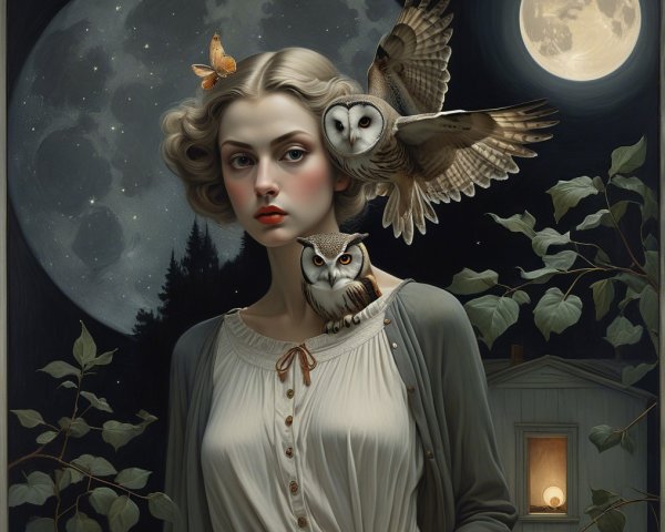 Young Woman in Moonlit Night Sky with Owls and Butterfly