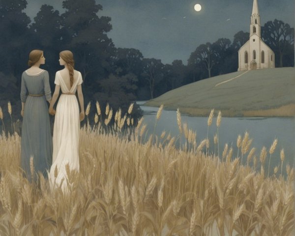 Women in Wheat Field Under Moonlight Landscape