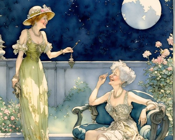 Elegant Women in Serene Nighttime Outdoor Setting