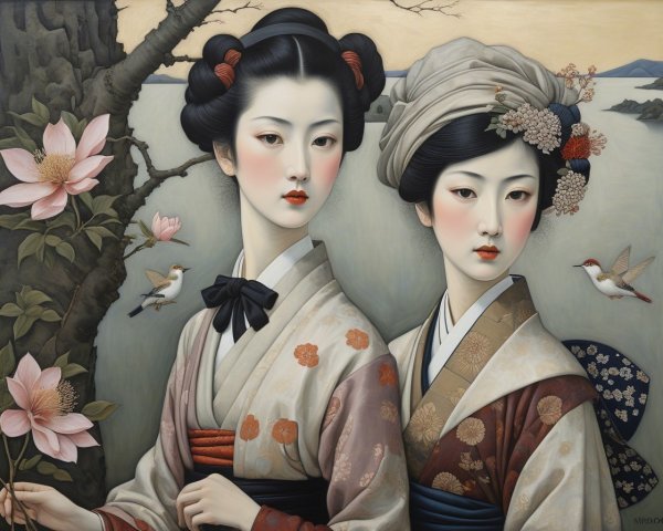 Elegant Women in Traditional Japanese Kimonos