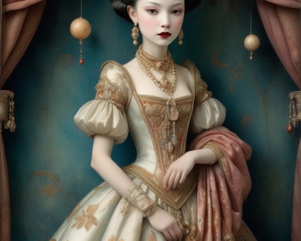 Luxurious gold-accented dress and elaborate headdress portrait.