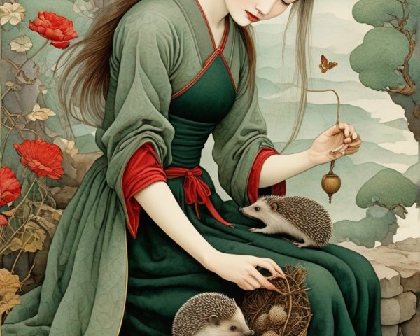 Woman in Green Dress with Hedgehogs and Red Flowers