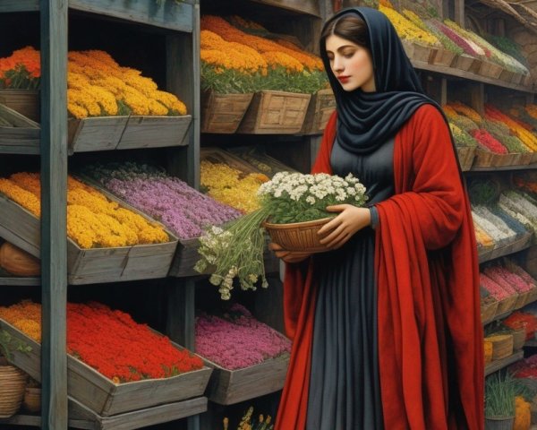 Woman in red cloak with white flowers in rustic street